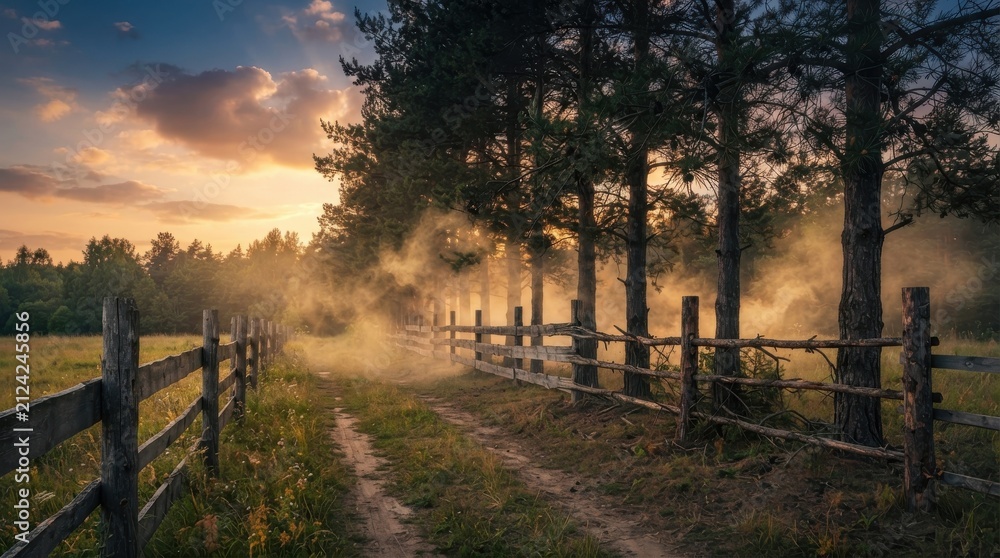 Obraz premium Dirt path along a wooden fence through a misty pine forest at sunset