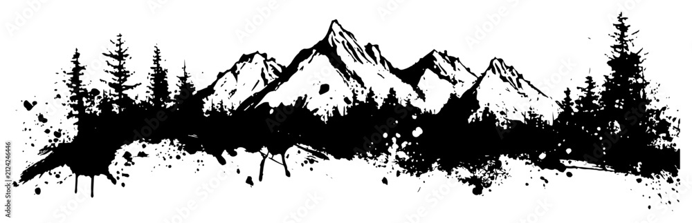 Obraz premium Mountain peaks and pine forest with artistic ink splatters and black grunge silhouette style
