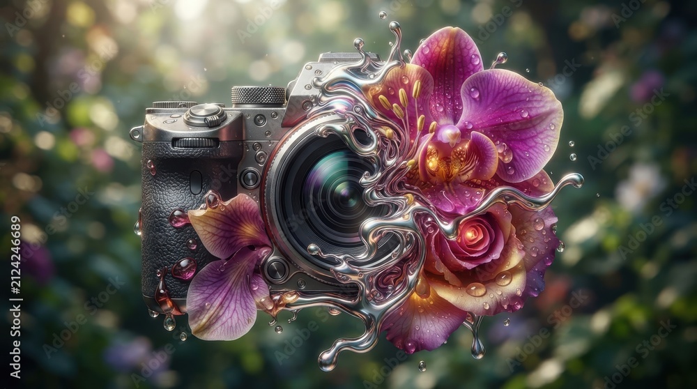Fototapeta premium Camera lens with blooming flowers and liquid metal splash