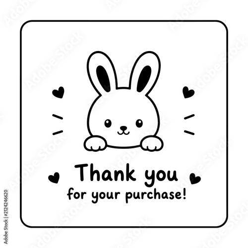 Cute thank you card featuring an adorable kawaii bunny with a friendly appreciation message. Minimal black and white design perfect for small business packaging, order inserts, customer gifts handmade