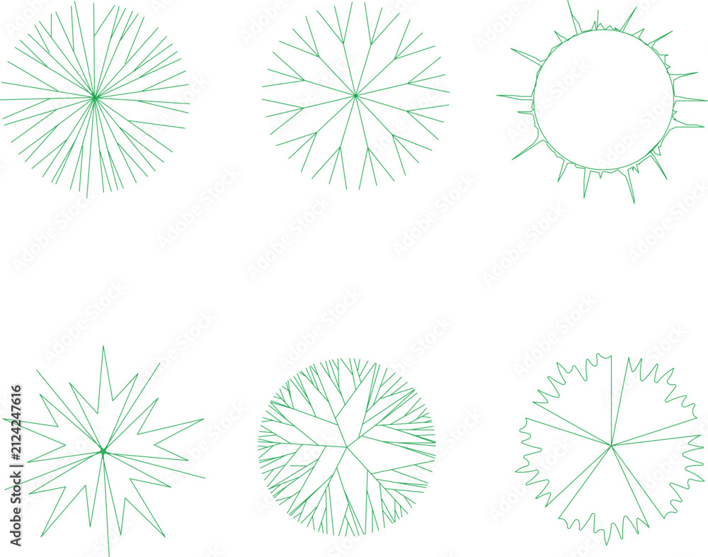 Obraz premium Technical landscape architecture drawing showing six different top-down plant symbols. Green outline illustrations representing various trees, shrubs, and bushes for site plans and garden layouts.