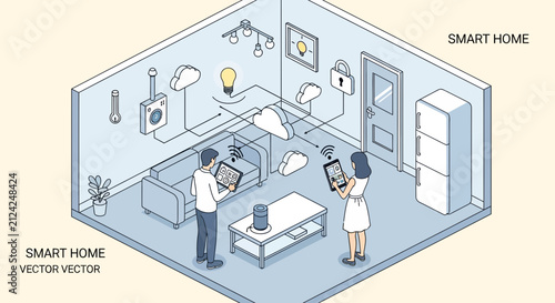 Smart home automation system with family and technology devices.