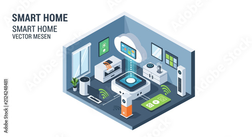 Smart home technology control panel with devices and icons.