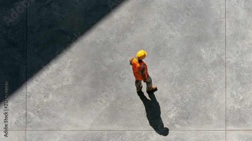 A lone worker crosses a concrete space beside a diagonal shadow. Urban geometry, minimalist lifestyle, quiet movement, personal freedom.
