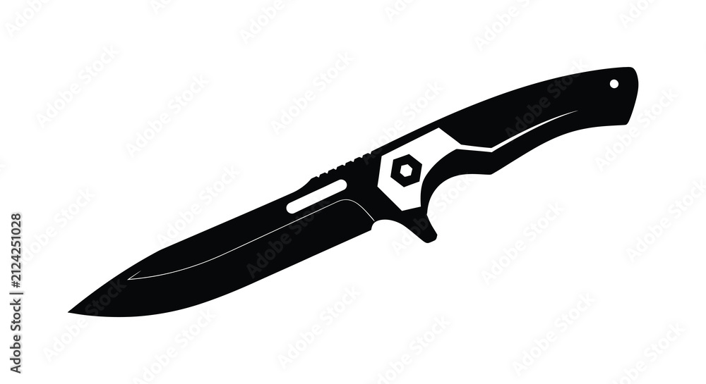 Obraz premium Folding knife with open blade black and white silhouette