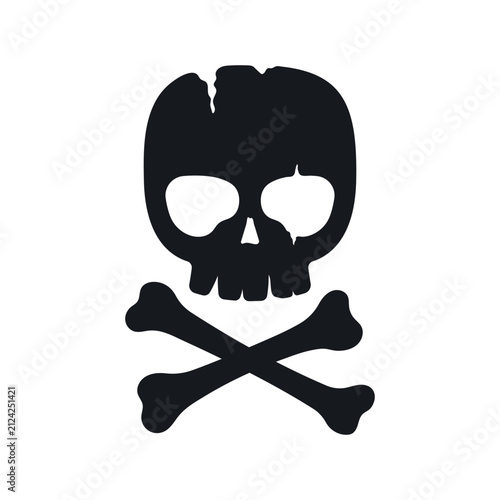 Skull and crossbones icon. Black silhouette. Front view. Vector simple flat graphic illustration, hand drawn. Isolated on white background.