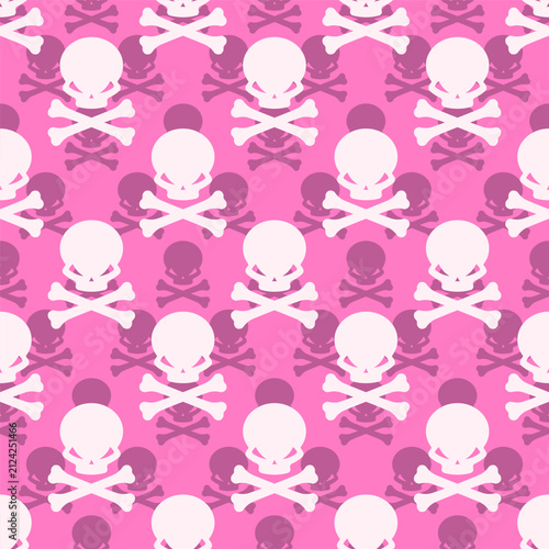 Small white skulls and crossbones isolated on a pink background. Cute seamless pattern. Vector simple flat graphic illustration. Texture.