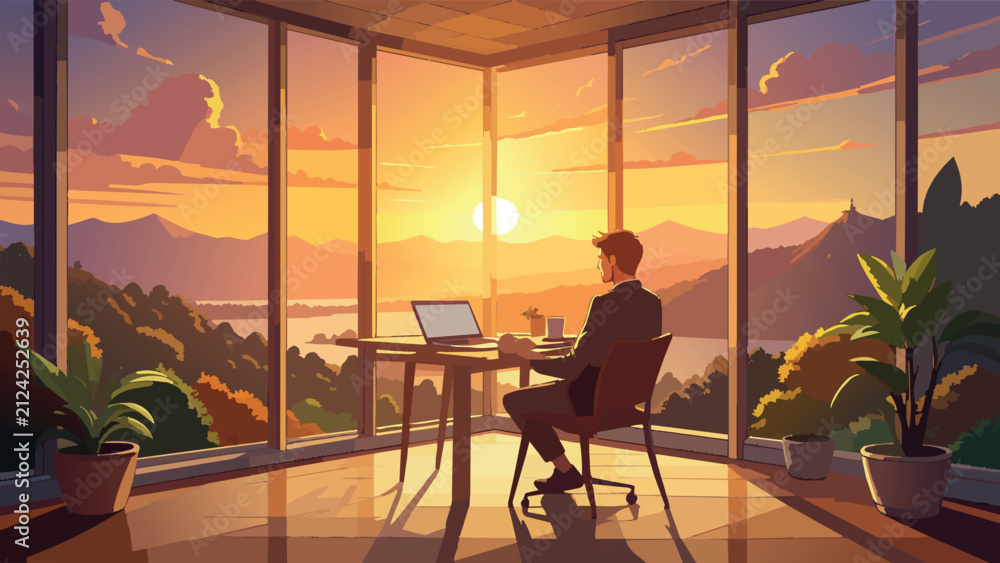 Fototapeta premium Professional working on laptop enjoying sunset panorama
