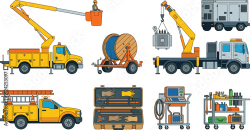 Electric Utility Service Vehicles and Power Line Maintenance Equipment Vector Collection Set