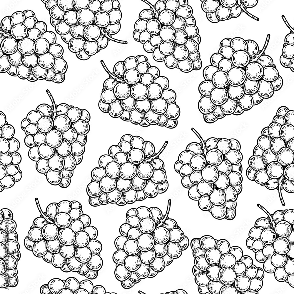 Obraz premium Seamless pattern with black and white grape bunches on white background. Hand drawn vintage engraving style vector illustration.