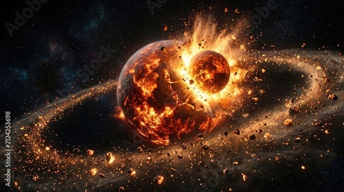 Catastrophic planetary collision of protoplanet theia with early earth, creating massive glowing molten debris ring, demonstrating lunar formation, cosmic impact event, deep space background.