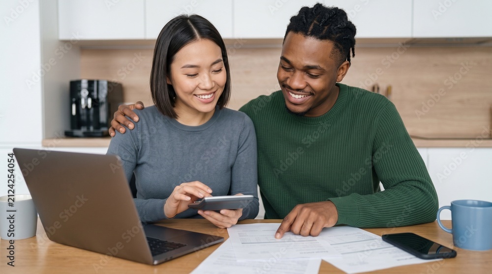 Obraz premium Smiling diverse couple reviewing mortgage paperwork and online credit application on laptop with calculator in modern kitchen, working together on family financial planning and budget.
