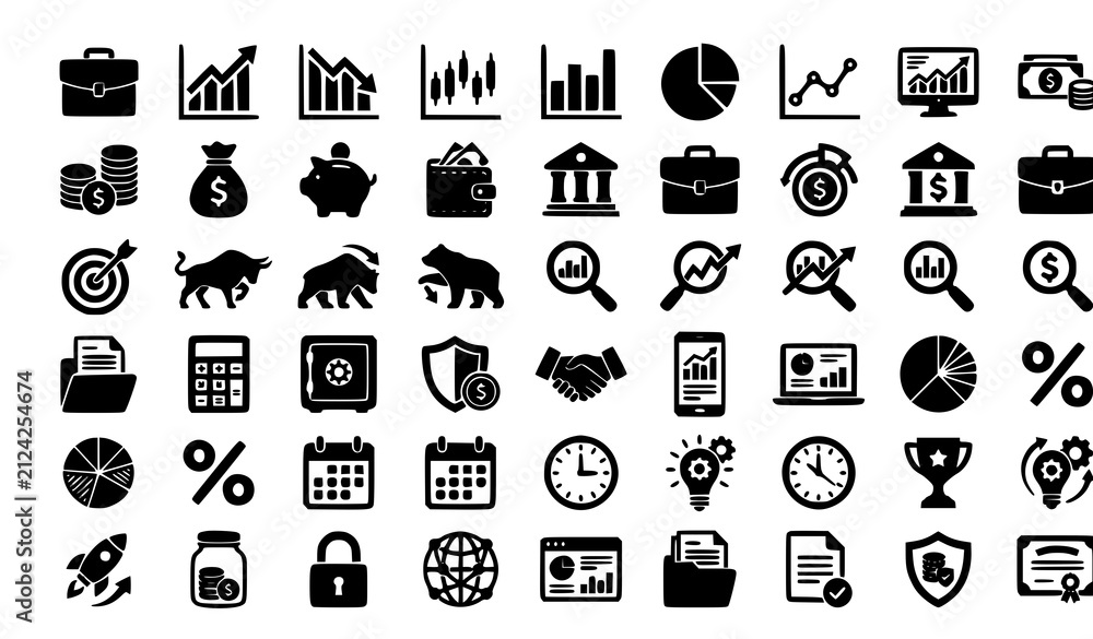 Fototapeta premium Minimal Black Investment Icon Set with Wealth Management, Portfolio Growth and Financial Planning Elements