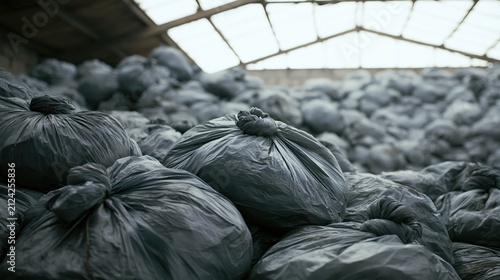 Trash bags pile inside a dark warehouse facility represent the global crisis of waste management and environmental.