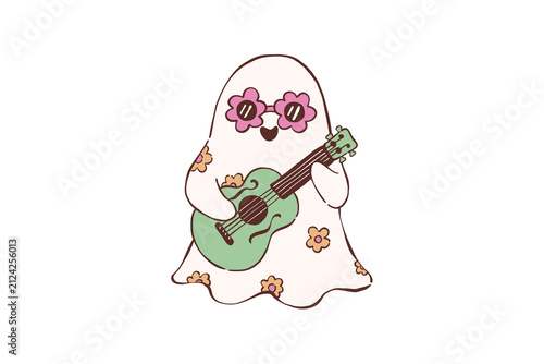 Funky retro ghost character playing acoustic guitar and singing music for happy Halloween Design