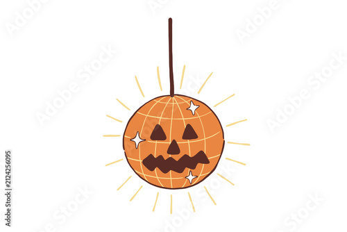 Glowing orange halloween pumpkin face stylized as retro disco ball hanging illustration Design