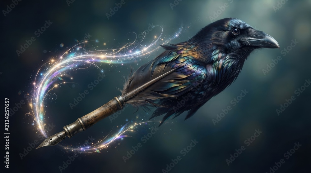 Naklejka premium Raven bird merging into fountain pen with magical light