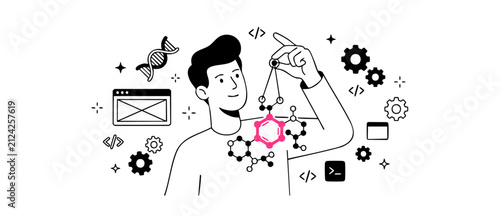 Принти на полотні Biotechnology developer analyzing molecular structure for software engineering, bioinformatics research, and coding illustration with line art vector icons for web design presentation concept