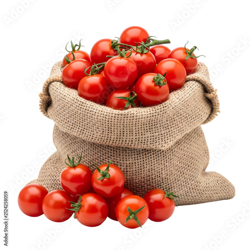 Fresh tomatoes in a burlap sack isolated on transparent background