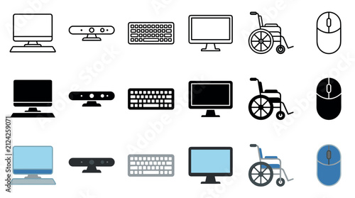 Digital icons representing various technology and accessibility tools including monitors, keyboards, mice, sensors, and wheelchairs in different styles.