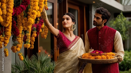 Indian couple decorating home with marigold garlands for Diwali. South Asian man and woman in traditional clothing preparing for festive celebration