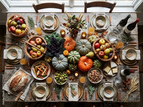 Foto Overhead view of Thanksgiving dinner on wooden table