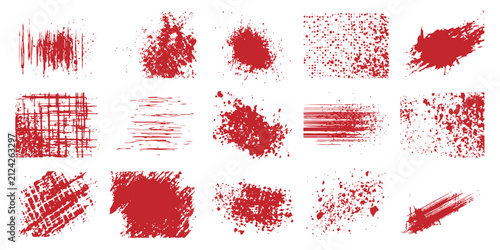 Foto Collection of abstract red grunge textures, paint splatters, blood stains, and distressed rough brush strokes vector illustration