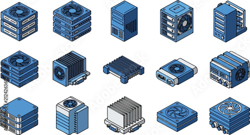 Set of isometric computer cooling systems and hardware components.