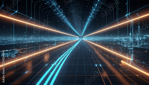 Data stream tunnel represents a complex digital network environment that conveys information through glowing neon lines of code and illuminated pathways for advanced connectivity solutions.