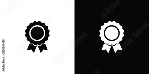 Quadro su tela Award ribbon badge icons outline and filled featuring rosette tail representing excellence certification quality guarantee achievement recognition status mark of approval and professional reward