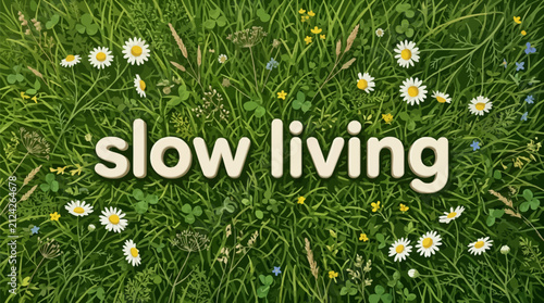 Slow living typography placed centered over a lush green meadow filled with white chamomile flowers with detailed illustrative background meadow blooming daisies