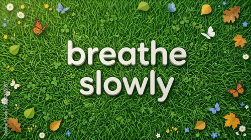 Breathe slowly inspirational typography design featuring butterflies and flowers over a lush green grass lawn background with decorated colorful butterflies
