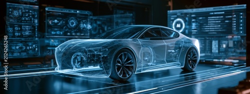 Futuristic Digital Vehicle Inspection and Insurance System with Transparent Car Model and High-Tech Interface Displays