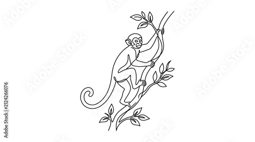 Photography A black and white line art illustration of a cute monkey climbing a tree branch