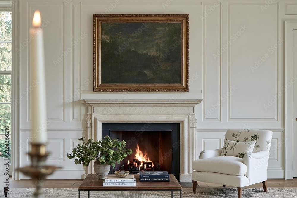 Fototapeta premium Elegant living room featuring a white armchair, a decorative fireplace with a painting above, and a coffee table adorned with books and a potted plant