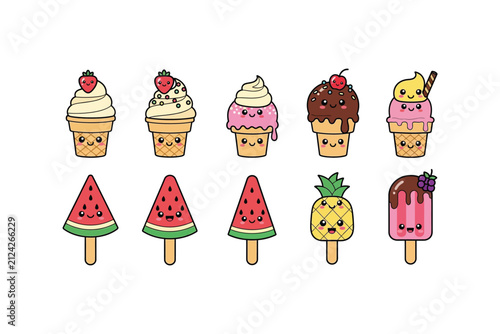 Kawaii Ice Cream and Summer Popsicle Vector Illustration Set