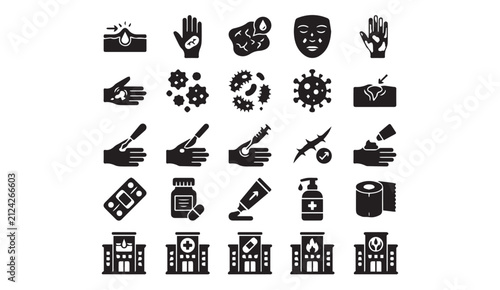 Set of infectious disease and skin condition medical icons with dermatology