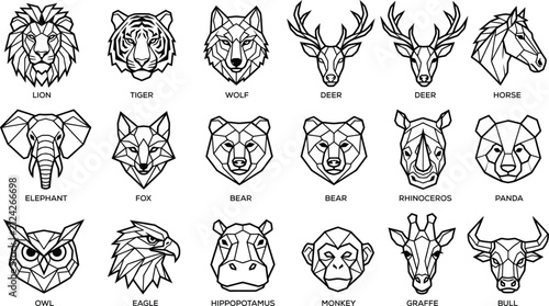 Set of various wild animal head icons designed in a minimalist geometric line art style on white background