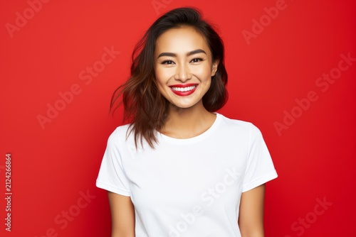 Cheerful asian woman smiling widely, wearing a white t shirt on a vibrant red background