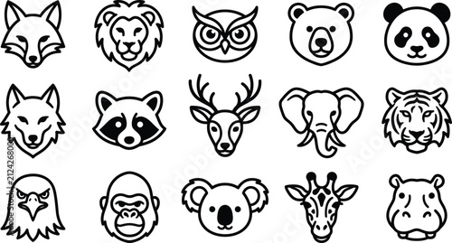 Set of cute wild animal head icons in a simple black and white line art vector illustration style
