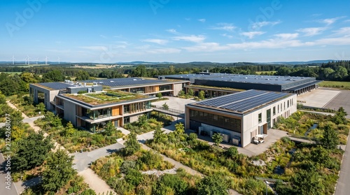 Aerial view of modern sustainable business office campus with green roofs, solar panels, and landscaped gardens in a rural landscape, illustrating eco-friendly architecture and renewable energy