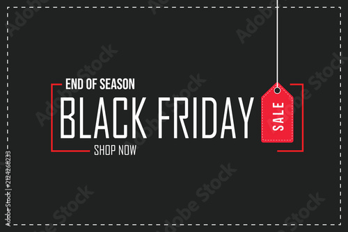 Promotional banner for Black Friday end of season sale featuring white text and a red hanging tag