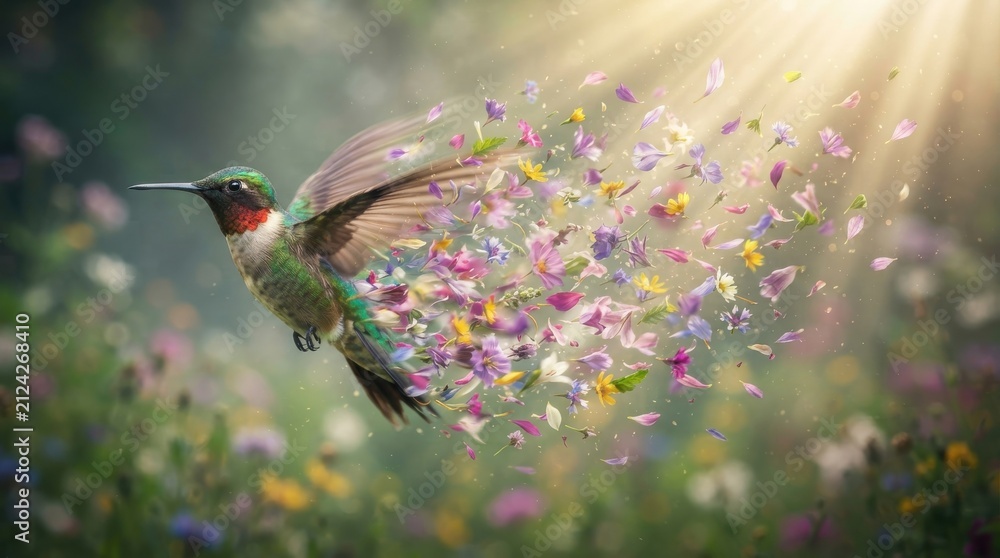 Fototapeta premium Hummingbird flying through a field of wildflowers with floral dispersion