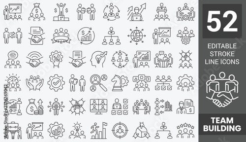 Team building icon set . Collection of performance, building, leadership, productivity, teamwork, management and more. Editable stroke. Vector illustration