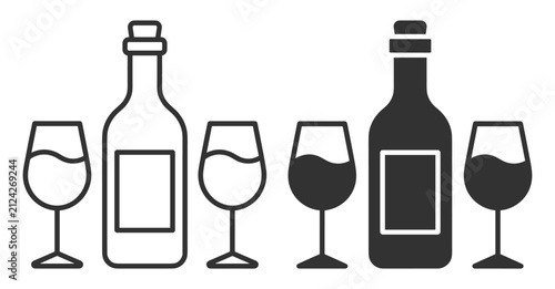 Fotografía wine bottles and glasses icon set in solid and outline styles on transparent bac
