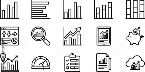 Set of thin line icons representing business data analytics charts graphs and financial performance reporting tools