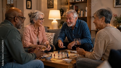 A group of diverse senior friends laughs while playing a board game and drinking wine in a cozy living room, representing active aging and social retirement lifestyle.