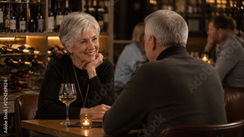 Senior couple enjoying a romantic dinner date in a dimly lit wine bar, representing retirement lifestyle, companionship, and anniversary celebration in an elegant restaurant setting.