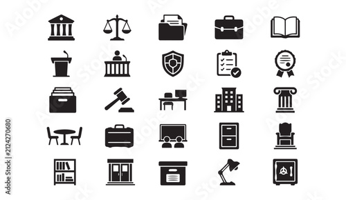 Set of legal justice professional administrative office icons with courtroom