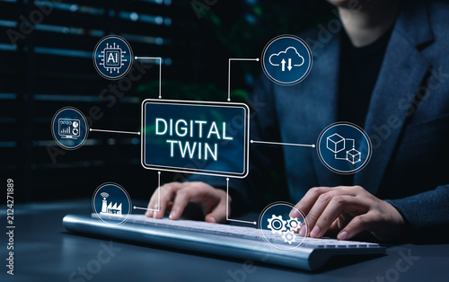 Digital twin technology concept. Businesswoman using industrial data network representing AI simulation, cloud integration, asset monitoring, process automation, predictive analytics, smart operations